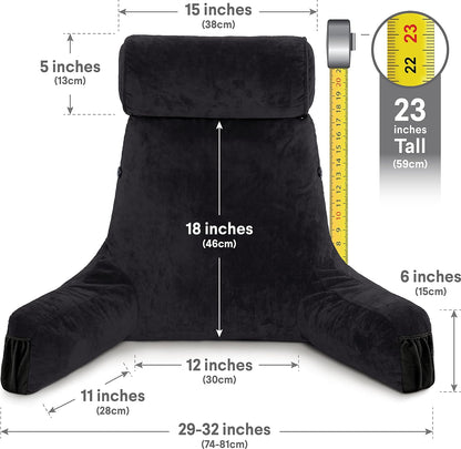 Husband Pillow Medium Reading Pillow with Arms - 23" Backrest for Sitting Up in Bed - Firm Support Bed Rest Pillow for Adults, Neck Roll, Removable Cover - TV, Reading, Lounging - Black