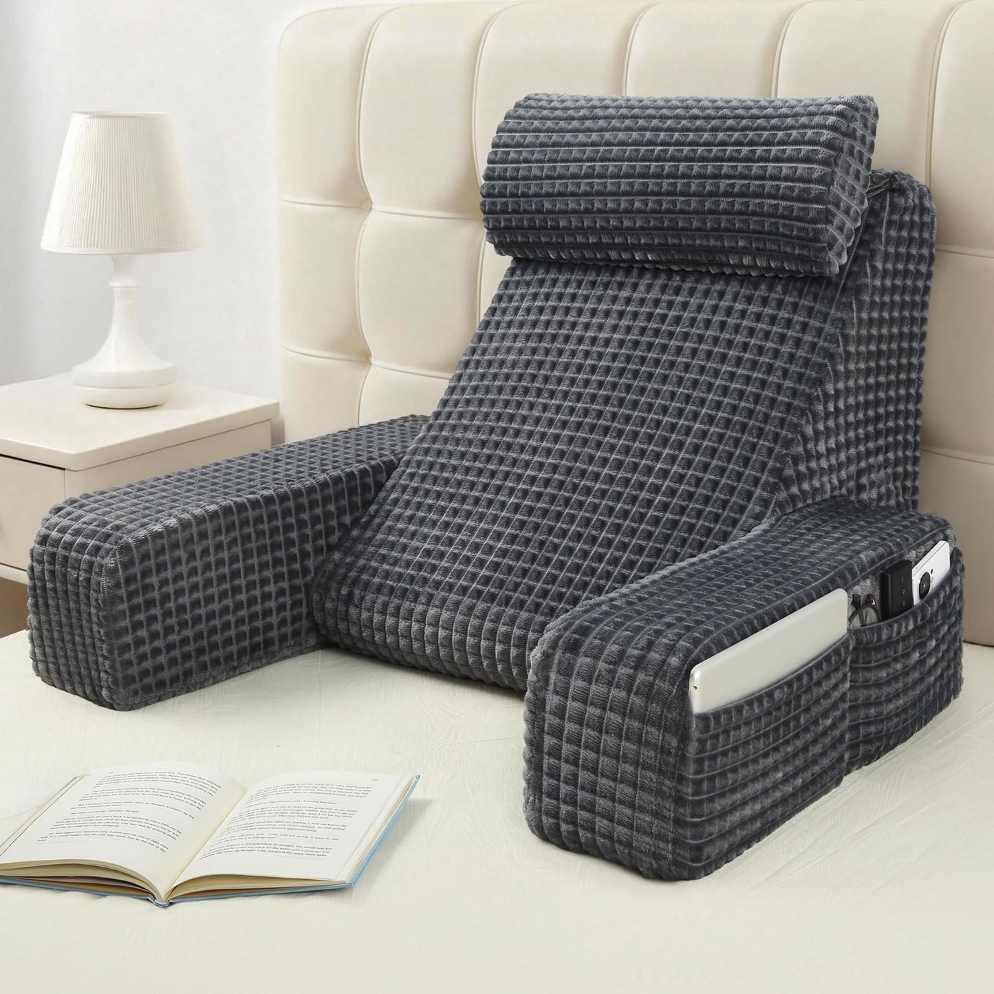 Melhany 19-Inch Wedge Reading Pillow with Removable Arms, Bed Rest Back Support Pillow with Side Pockets