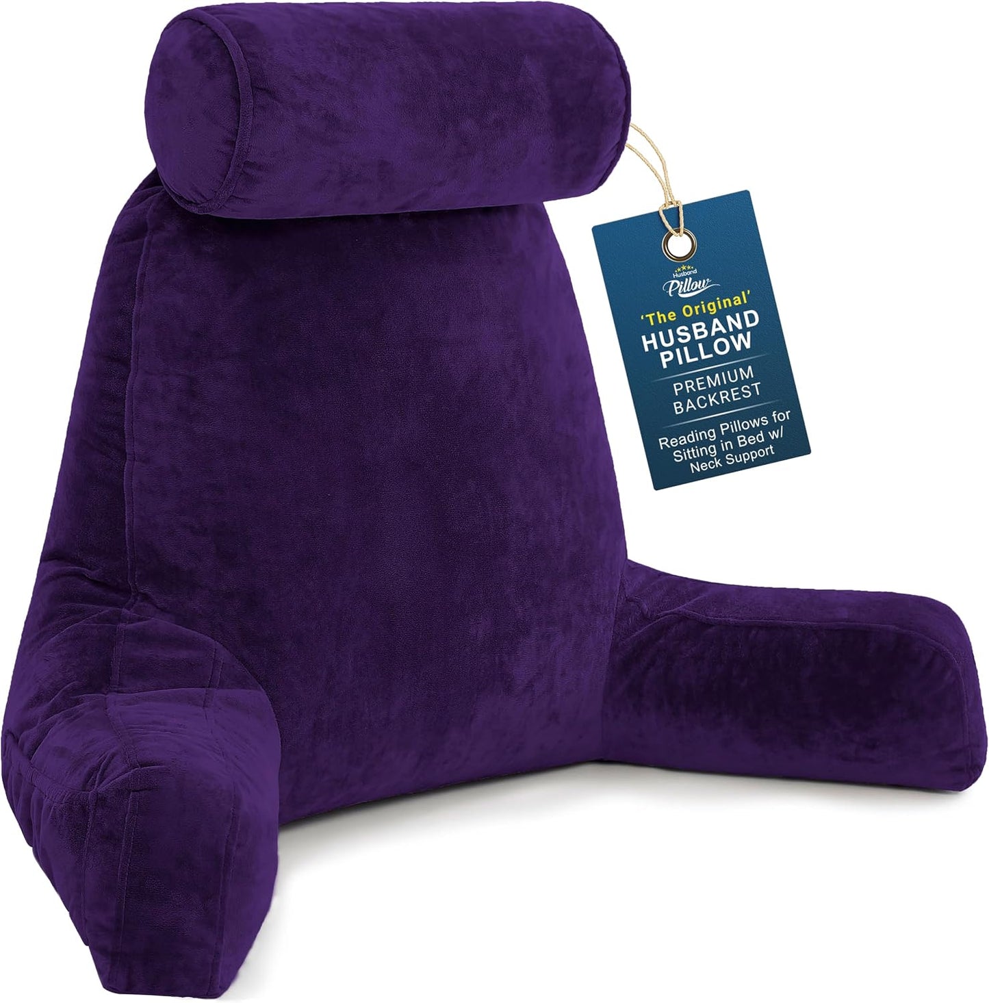 Husband Pillow Medium Reading Pillow with Arms - 23" Backrest for Sitting Up in Bed - Firm Support Bed Rest Pillow for Adults, Neck Roll, Removable Cover - TV, Reading, Lounging - Black