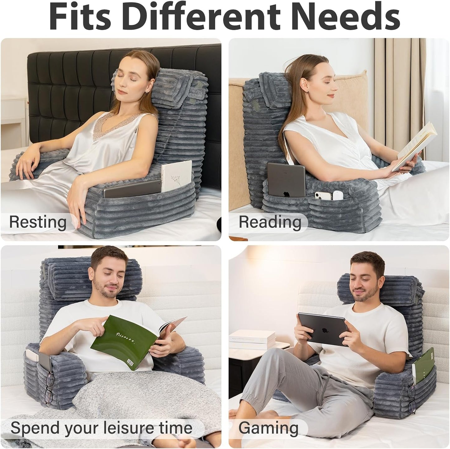 Melhany 60-Degree Wedge Reading Pillow with Faux Fur Cover, Side Pockets and Portable Handle, XL Bed Rest Back Support Pillow