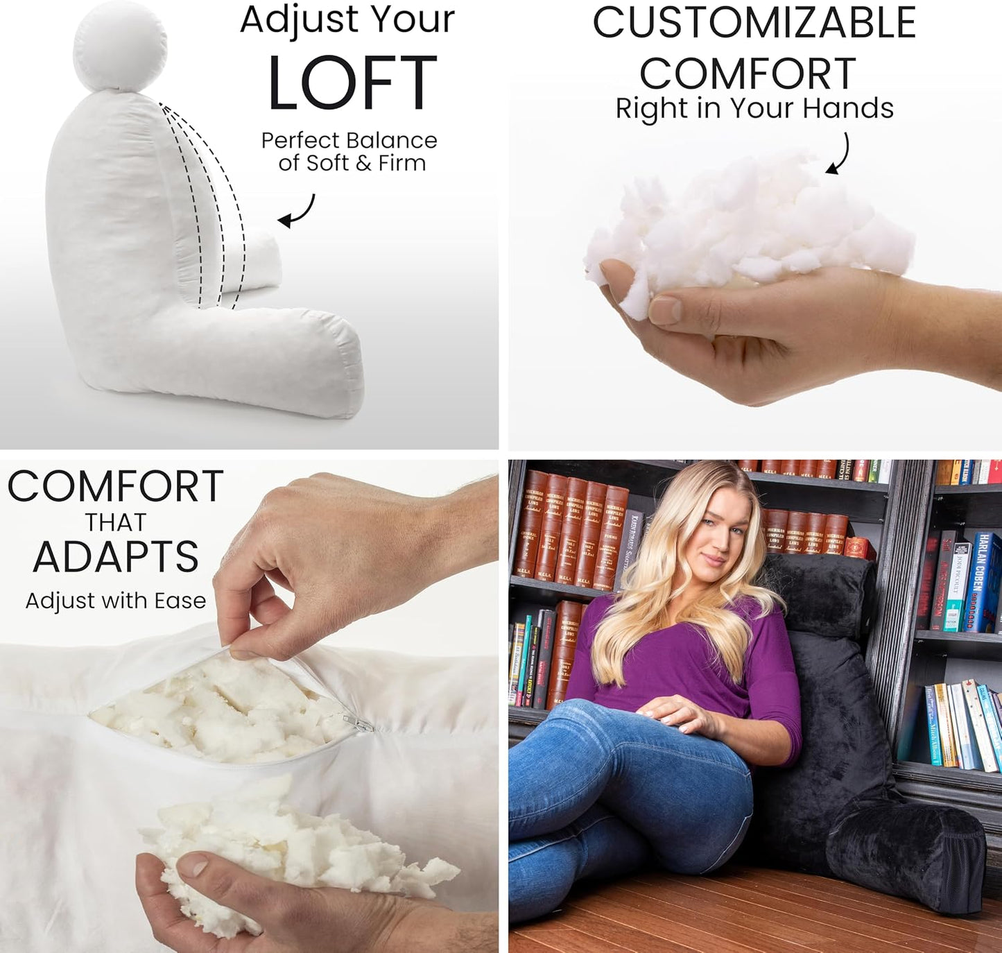 Husband Pillow Medium Reading Pillow with Arms - 23" Backrest for Sitting Up in Bed - Firm Support Bed Rest Pillow for Adults, Neck Roll, Removable Cover - TV, Reading, Lounging - Black