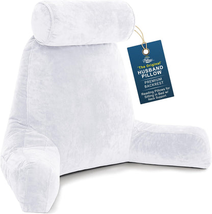Husband Pillow Medium Reading Pillow with Arms - 23" Backrest for Sitting Up in Bed - Firm Support Bed Rest Pillow for Adults, Neck Roll, Removable Cover - TV, Reading, Lounging - Black