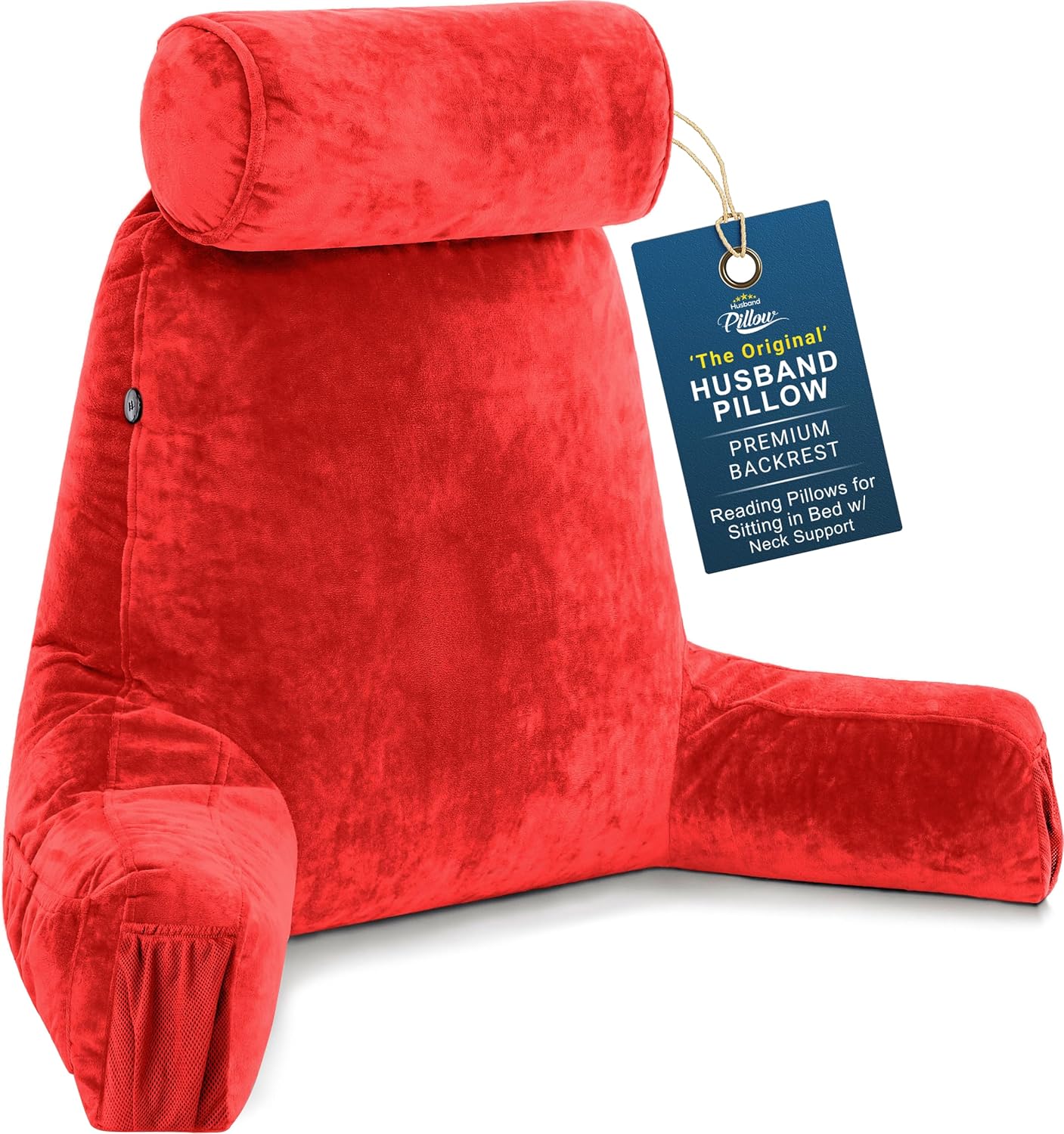 Husband Pillow Medium Reading Pillow with Arms - 23" Backrest for Sitting Up in Bed - Firm Support Bed Rest Pillow for Adults, Neck Roll, Removable Cover - TV, Reading, Lounging - Black