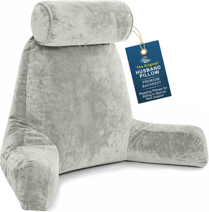 Husband Pillow XXL The Original for Adults - 30" Tall Backrest for Sitting Up in Bed - Firm Support Reading, Bed Rest Pillow for Adult, Neck Roll, Removable Cover - TV - Carolina Blue