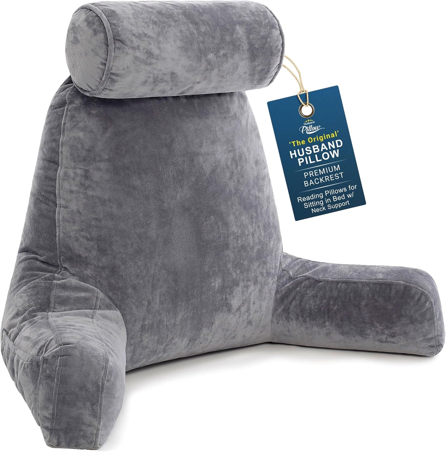 Husband Pillow XXL The Original for Adults - 30" Tall Backrest for Sitting Up in Bed - Firm Support Reading, Bed Rest Pillow for Adult, Neck Roll, Removable Cover - TV - Carolina Blue