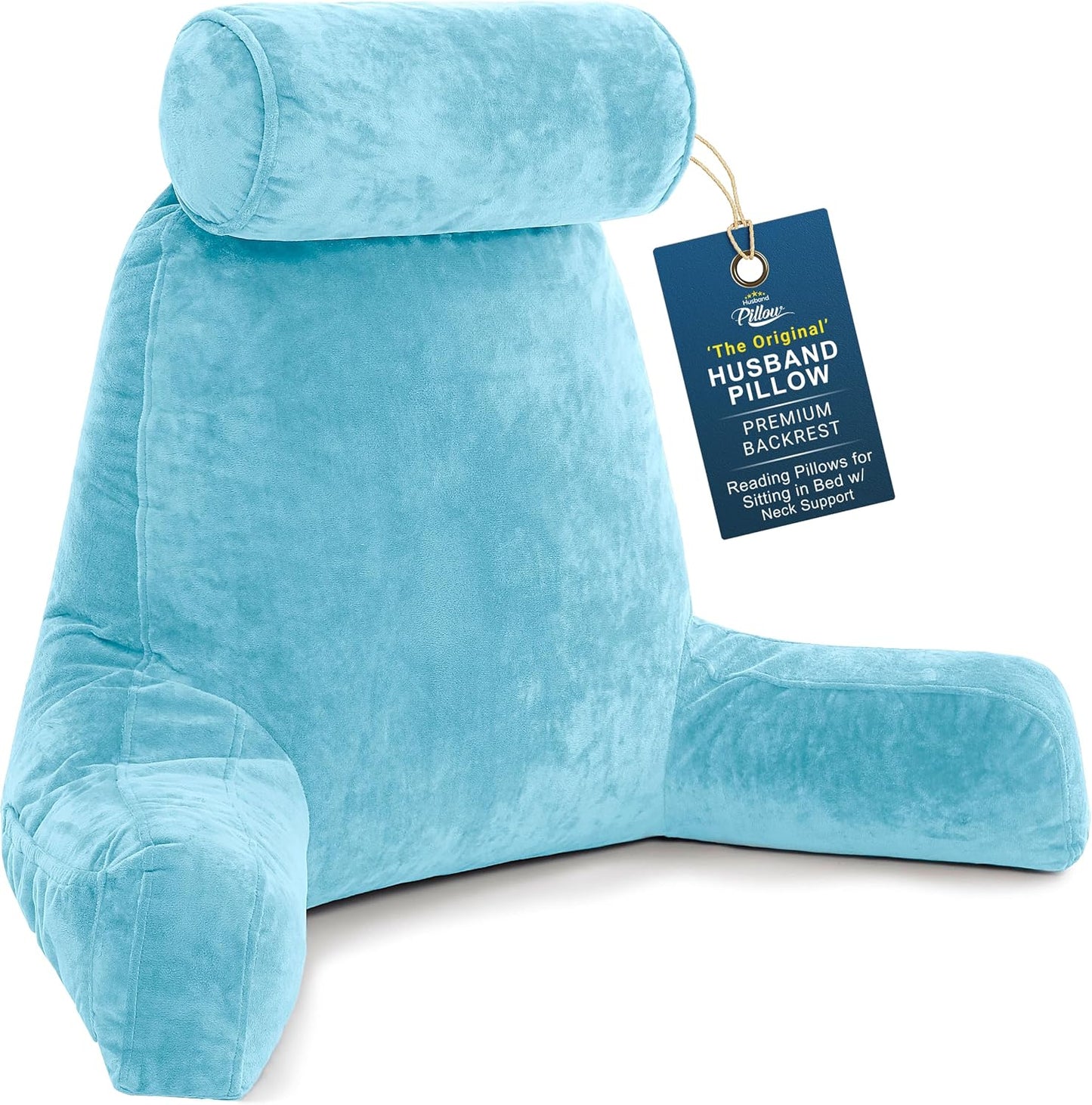 Husband Pillow Medium Reading Pillow with Arms - 23" Backrest for Sitting Up in Bed - Firm Support Bed Rest Pillow for Adults, Neck Roll, Removable Cover - TV, Reading, Lounging - Black
