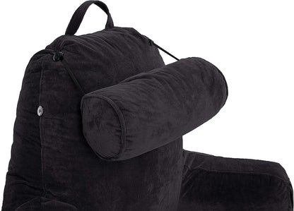 Husband Pillow Medium Reading Pillow with Arms - 23" Backrest for Sitting Up in Bed - Firm Support Bed Rest Pillow for Adults, Neck Roll, Removable Cover - TV, Reading, Lounging - Black