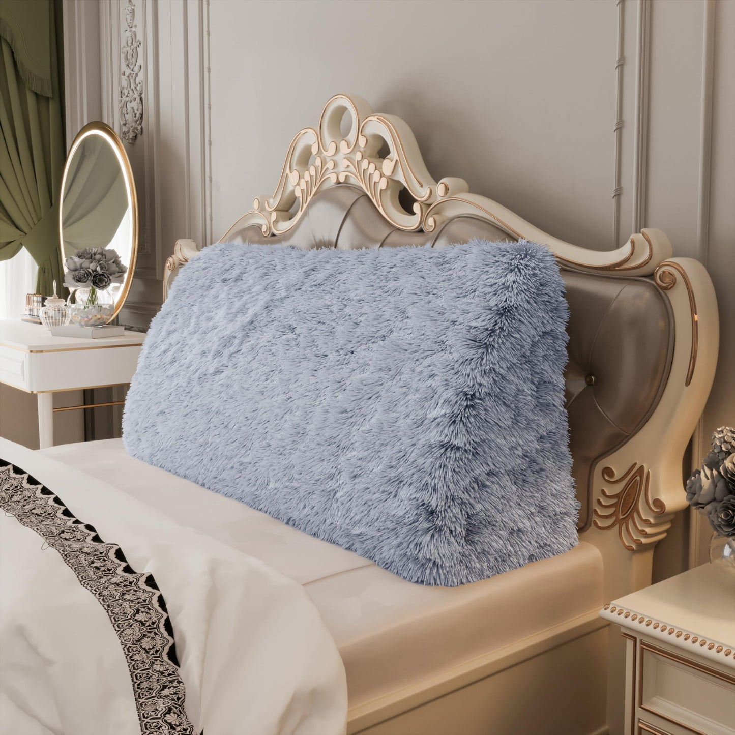 Melhany Queen Size Wedge Headboard Pillow with Side Pockets, Velvet Back Support Reading Pillow with Removable Washable Cover