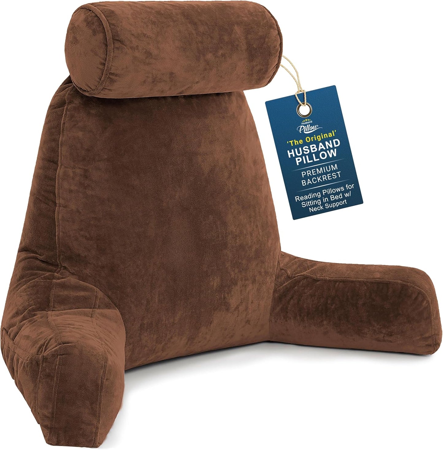 Husband Pillow Medium Reading Pillow with Arms - 23" Backrest for Sitting Up in Bed - Firm Support Bed Rest Pillow for Adults, Neck Roll, Removable Cover - TV, Reading, Lounging - Black