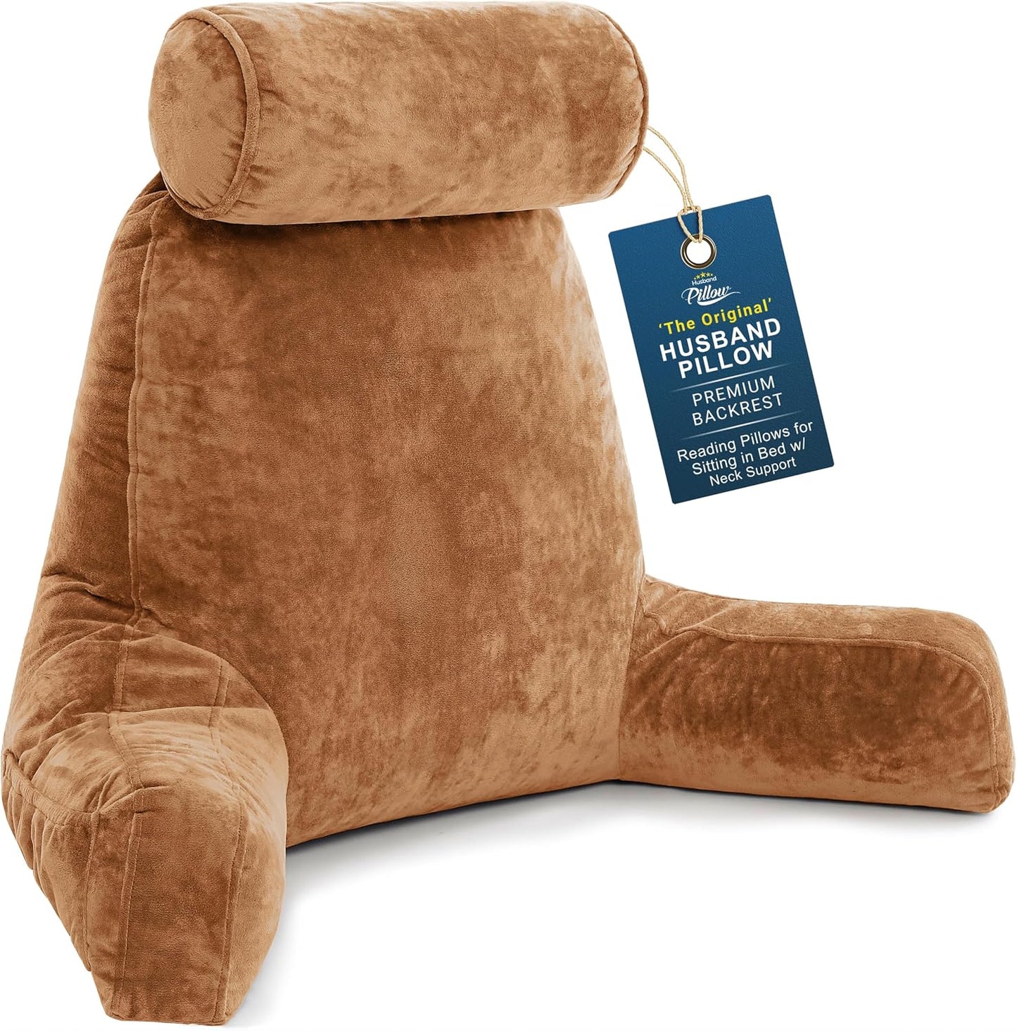 Husband Pillow Medium Reading Pillow with Arms - 23" Backrest for Sitting Up in Bed - Firm Support Bed Rest Pillow for Adults, Neck Roll, Removable Cover - TV, Reading, Lounging - Black