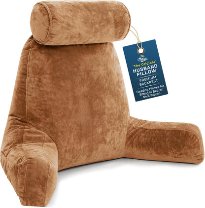 Husband Pillow Medium Reading Pillow with Arms - 23" Backrest for Sitting Up in Bed - Firm Support Bed Rest Pillow for Adults, Neck Roll, Removable Cover - TV, Reading, Lounging - Black