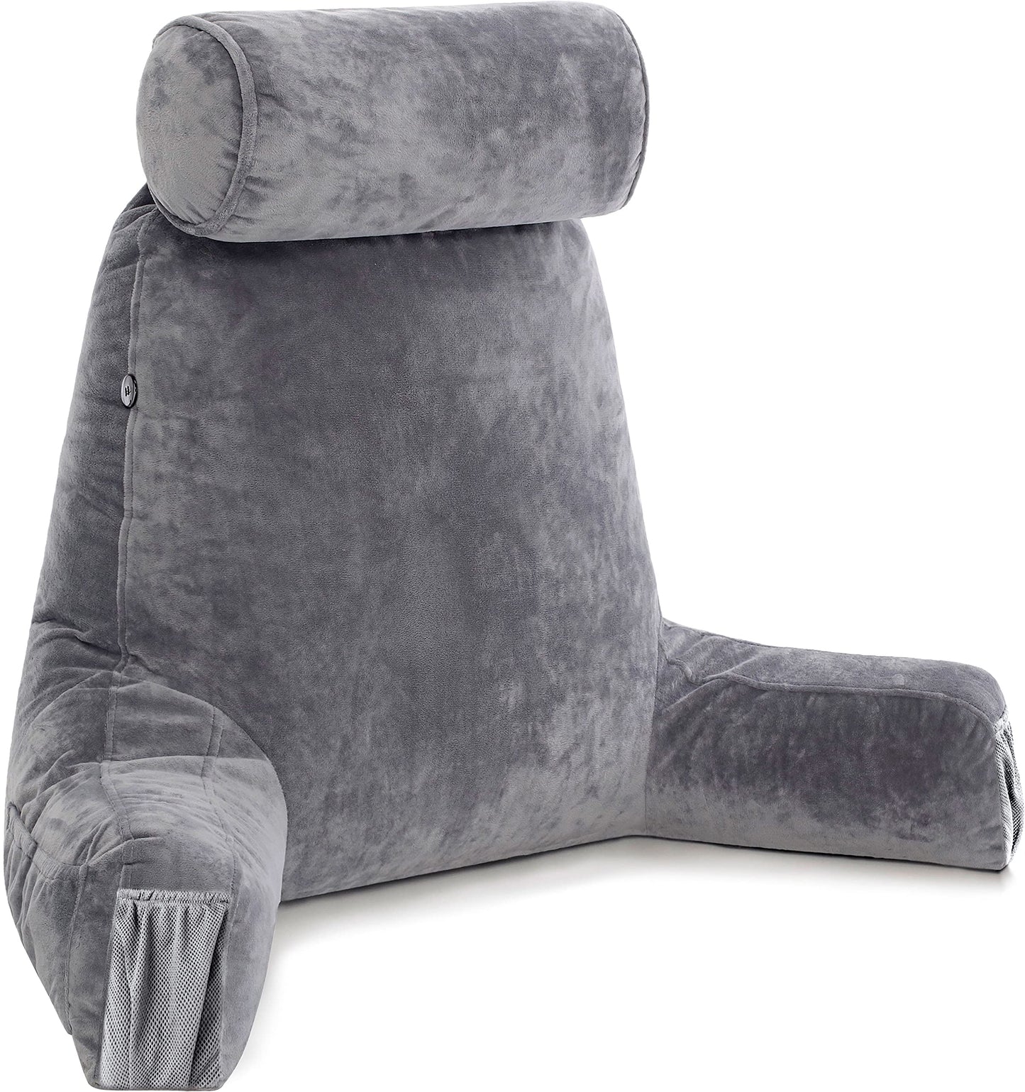 Melhany XX-Large Reading Pillow with Arms and Neck Roll, Shredded Memory Foam Bed Rest Pillow with Removable Cover and Side Pockets, Grey