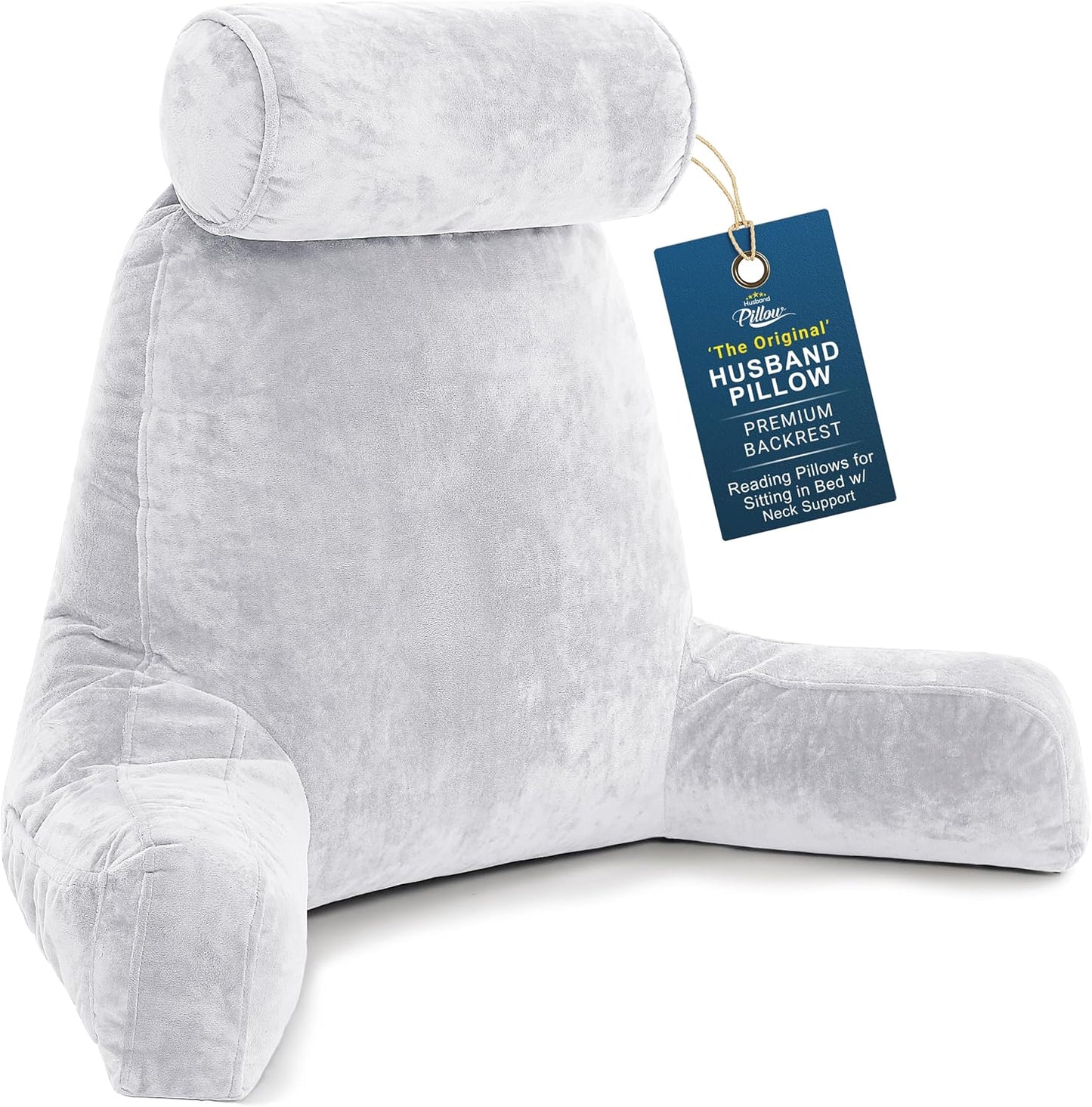 Husband Pillow XXL The Original for Adults - 30" Tall Backrest for Sitting Up in Bed - Firm Support Reading, Bed Rest Pillow for Adult, Neck Roll, Removable Cover - TV - Carolina Blue