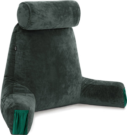 Melhany XX-Large Reading Pillow with Arms and Neck Roll, Shredded Memory Foam Bed Rest Pillow with Removable Cover and Side Pockets, Grey
