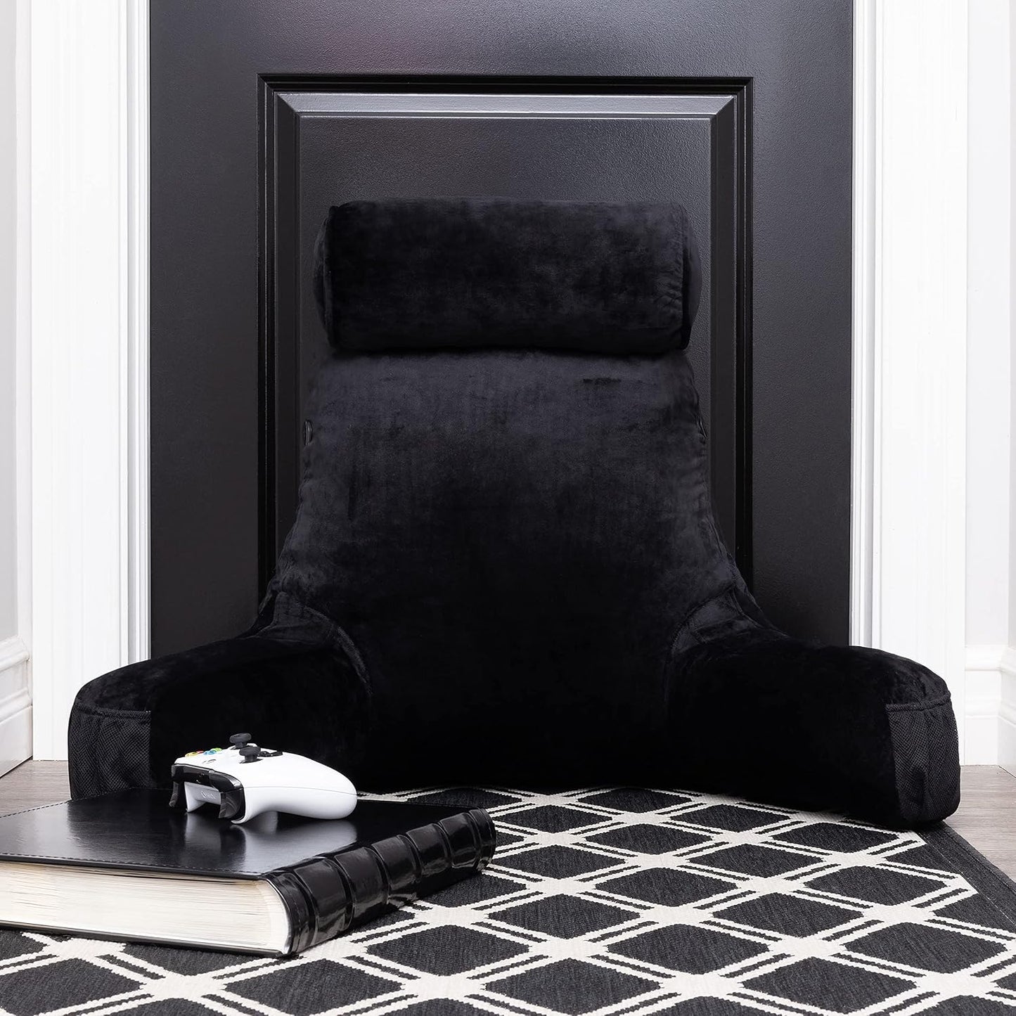 Husband Pillow Medium Reading Pillow with Arms - 23" Backrest for Sitting Up in Bed - Firm Support Bed Rest Pillow for Adults, Neck Roll, Removable Cover - TV, Reading, Lounging - Black